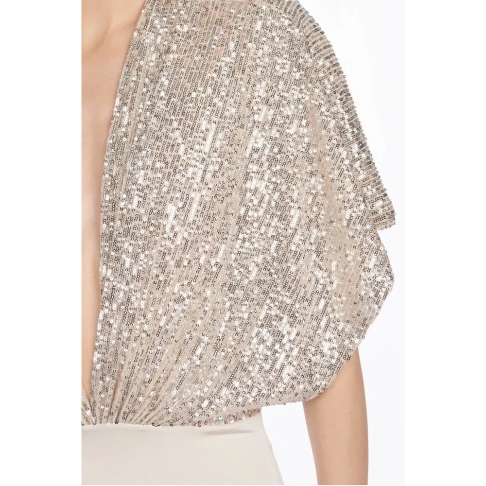 NWT IN THE MOOD FOR LOVE Champagne Cream Dolman Sequin Plunge Neckline Bodysuit - Picture 5 of 9